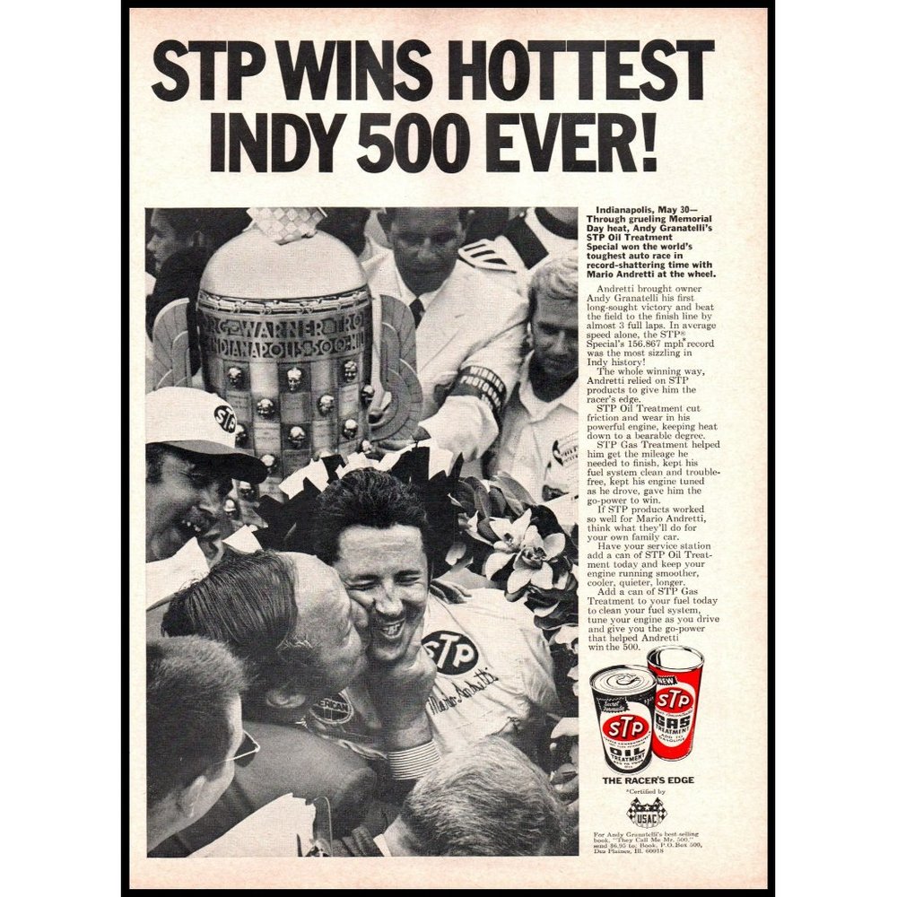 1969 STP Oil Gas Treatment Vintage Print Ad Indy 500 Mario Andretti Wall Art